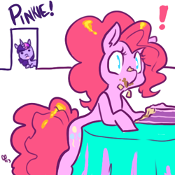 Size: 500x500 | Tagged: safe, artist:mt, pinkie pie, twilight sparkle, earth pony, pony, cake, eating, food, surprised