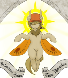 Size: 1280x1469 | Tagged: safe, alternate version, artist:codras, oc, oc only, oc:lamp, mothpony, original species, arch, floating, halo, hat, lampshade, lampshade hat, simple background, solo