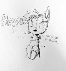 Size: 1296x1399 | Tagged: safe, artist:tjpones, oc, oc only, earth pony, fly, pony, undead, worm, zombie, zombie pony, black and white, bust, dialogue, grayscale, inktober, monochrome, no pupils, solo, stitches, traditional art