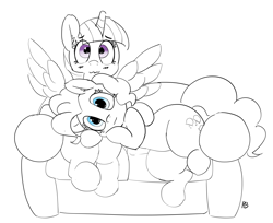 Size: 11498x9366 | Tagged: safe, artist:pabbley, pinkie pie, twilight sparkle, twilight sparkle (alicorn), alicorn, earth pony, pony, absurd resolution, blushing, cuddling, female, lesbian, lying down, monochrome, neo noir, netflix and chill, on side, pabbley is trying to murder us, partial color, shipping, sitting, sofa, spread wings, twinkie, wavy mouth, wingboner, wings