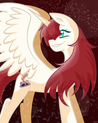 Size: 2000x2500 | Tagged: safe, artist:starstruckmana, oc, oc only, oc:fausticorn, alicorn, pony, abstract background, colored pupils, female, hair over one eye, looking back, mare, signature, smiling, solo, spread wings, wings