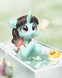 Size: 3009x3781 | Tagged: safe, artist:aphphphphp, oc, oc only, oc:euphoria, pony, unicorn, bath, bathtub, cute, female, mare, ocbetes, rubber duck, soap, solo