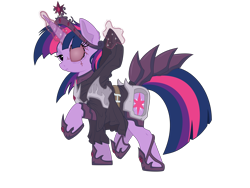 Size: 5440x4080 | Tagged: safe, artist:ncmares, artist:tyler611, color edit, edit, twilight sparkle, alicorn, pony, unicorn, absurd resolution, clothes, colored, corrupted, element of magic, empress, evil, female, magic, mare, raised hoof, simple background, solo, transparent background