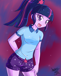 Size: 2000x2500 | Tagged: safe, artist:danmakuman, sci-twi, twilight sparkle, equestria girls, legend of everfree, clothes, cute, danmakuman is trying to murder us, female, happy, looking at you, missing accessory, open mouth, shorts, smiling, solo, twiabetes