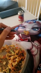 Size: 1836x3264 | Tagged: safe, artist:atryl edits, edit, oc, oc:shining pearl, anthro, human, body pillow, brony, food, irl, irl human, photo, ponies eating meat, salad, soda, waifu dinner