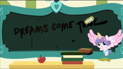 Size: 1280x720 | Tagged: safe, artist:the-75th-hunger-game, edit, edited screencap, screencap, princess flurry heart, bendy and the ink machine, exploitable meme, flurry art, flurry heart's chalkboard, meme, solo, text, the devil's swing