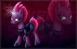 Size: 2400x1550 | Tagged: safe, artist:sentireaeris, tempest shadow, pony, unicorn, my little pony: the movie, armor, broken horn, eye scar, female, lightning, magic, mare, scar, solo, sparking horn, zoom layer