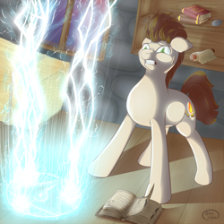 Size: 2000x2000 | Tagged: safe, artist:ray-frost, oc, oc only, earth pony, pony, book, commission, lightning, magic, solo