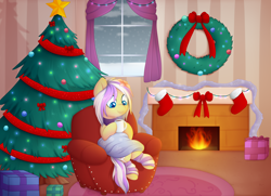 Size: 3900x2830 | Tagged: safe, artist:scarlet-spectrum, oc, oc only, oc:azalea floria, pony, christmas, christmas stocking, christmas tree, christmas wreath, female, fireplace, holiday, leg warmers, mare, smiling, solo, tree, wreath