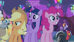 Size: 1280x720 | Tagged: safe, edit, edited screencap, screencap, applejack, goldie delicious, pinkie pie, twilight sparkle, twilight sparkle (alicorn), alicorn, bird, earth pony, pony, filli vanilli, animal, balloon, female, goldie delicious' cats, mare, pet center fundraiser, text, turkey