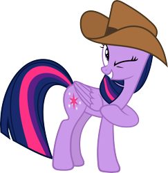 Size: 4382x4500 | Tagged: safe, artist:slb94, twilight sparkle, twilight sparkle (alicorn), alicorn, once upon a zeppelin, absurd resolution, cowboy hat, female, hat, mare, one eye closed, simple background, solo, stetson, transparent background, vector, wink