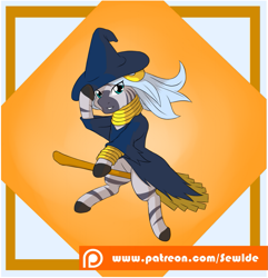 Size: 1013x1050 | Tagged: safe, artist:sewlde, zecora, zebra, alternate hairstyle, broom, ear piercing, earring, female, flying, flying broomstick, hat, jewelry, looking at you, mare, patreon, patreon logo, piercing, simple background, solo, witch hat