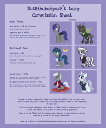 Size: 2820x3390 | Tagged: safe, artist:duskthebatpack, oc, oc only, oc:blueberry pancake, oc:dusk rhine, oc:platinum decree, oc:ruse, oc:strobe light, oc:zuna, bat pony, changeling, unicorn, zebra, advertisement, commission info, zebra oc