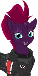 Size: 260x512 | Tagged: safe, artist:ethaes, artist:lucky stone, fizzlepop berrytwist, tempest shadow, pony, unicorn, my little pony: the movie, armor, broken horn, colored, crossover, eye scar, female, mare, mass effect, n7 armor, scar, simple background, smiling, solo, sticker, transparent background