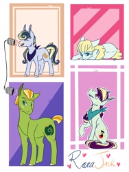 Size: 1536x2048 | Tagged: safe, artist:artfestation, oc, oc only, oc:acapella apple, oc:allegra, oc:green crisp, oc:pristine melody, earth pony, pony, kindverse, magical lesbian spawn, offspring, parent:applejack, parent:coloratura, parents:rarajack