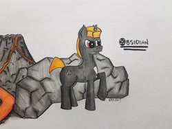 Size: 4032x3024 | Tagged: safe, artist:emberpon3, oc, oc only, oc:obsidian, pony, unicorn, lava, solo, spots, traditional art, volcano