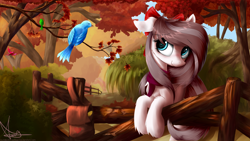 Size: 2560x1440 | Tagged: safe, artist:aurelleah, oc, oc only, oc:aurelia freefeather, oc:aurelleah, oc:aurry, bird, pony, autumn, bow, chest fluff, clothes, commission, cute, ear fluff, fence, floppy ears, fluffy, forest, hair bow, happy, leaves, looking away, scarf, scenery, smiling, solo, tree