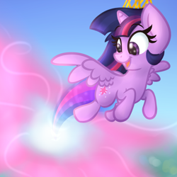 Size: 1000x1000 | Tagged: safe, artist:littleblackraencloud, twilight sparkle, twilight sparkle (alicorn), alicorn, pony, female, flying, jewelry, looking back, mare, open mouth, regalia, smiling, solo, spread wings, wings