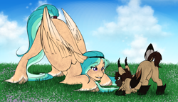 Size: 3416x1964 | Tagged: safe, artist:theecchiqueen, oc, oc only, oc:rasta jam, oc:willow breeze, bat pony, hybrid, pegasus, pony, baby, baby pony, bat pony oc, body freckles, female, freckles, grandmother and grandchild, mare, smiling, unshorn fetlocks