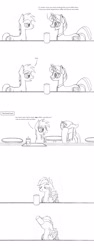 Size: 1358x3611 | Tagged: safe, artist:dsb71013, oc, oc only, oc:night cap, oc:rhapsody, pony, coffee, comic, drinking, facehoof, monochrome, oblivious, this will not end well