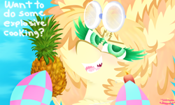 Size: 1000x600 | Tagged: safe, oc, oc only, earth pony, pony, blue background, chest fluff, clothes, colored pupils, dialogue, ear fluff, female, fluffy, food, goggles, hoof hold, lighter, looking at you, mare, pineapple, sharp teeth, signature, simple background, socks, solo, string, teeth