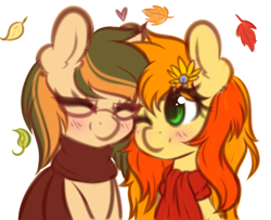 Size: 3180x2578 | Tagged: safe, artist:fluffymaiden, oc, oc only, oc:fall fable, oc:maple floret, earth pony, pony, clothes, female, glasses, leaves, lesbian, oc x oc, scarf, shipping, smiling