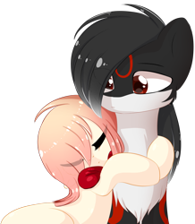 Size: 1024x1172 | Tagged: safe, artist:little-sketches, oc, oc only, oc:akarui sakura, earth pony, pony, cuddling, eyes closed, female, male, mare, neck bow, ponified, shadow the hedgehog, simple background, sonic the hedgehog (series), stallion, transparent background