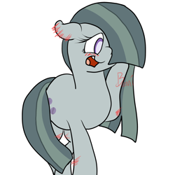 Size: 2500x2500 | Tagged: safe, artist:bennimarru, derpibooru exclusive, marble pie, pony, blushing, crossed legs, request, solo, watermark