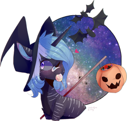 Size: 4586x4368 | Tagged: safe, artist:emily-826, oc, oc only, pony, spider, unicorn, absurd resolution, candy, food, hat, lollipop, night, one eye closed, pumpkin bucket, simple background, solo, stars, transparent background, wink, witch hat, ych result