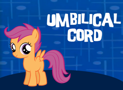 Size: 1020x744 | Tagged: artist needed, safe, edit, scootaloo, pegasus, pony, context is for the weak, family fun activity, female, filly, game, looking at you, solo, umbilical cord, veggietales, wat