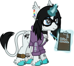 Size: 1471x1312 | Tagged: safe, artist:lightningbolt, derpibooru exclusive, oc, oc only, oc:silent suture, classical unicorn, pony, unicorn, .svg available, bring me the horizon, cheek fluff, chest fluff, choker, clipboard, clothes, cloven hooves, curved horn, dock, dock piercing, drop dead clothing, ear fluff, ear piercing, earring, emo, glasses, glowing horn, hair over one eye, hoodie, hoof fluff, jewelry, keychain, leonine tail, lip piercing, male, mute, necklace, paper, pen, piercing, pulled up sleeve, rainbow, safety pin, scar, simple background, smiling, solo, stallion, sticker, stitches, svg, tail fluff, tattoo, transparent background, unshorn fetlocks, unzipped, vector, wristband, zipper