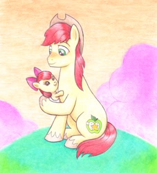 Size: 1877x2067 | Tagged: safe, artist:maran-zelde, apple bloom, bright mac, pony, adorabloom, baby, baby apple bloom, baby pony, brightabetes, cowboy hat, cute, duo, duo male and female, father and child, father and daughter, female, hat, male, parent and child, sitting, stetson, traditional art