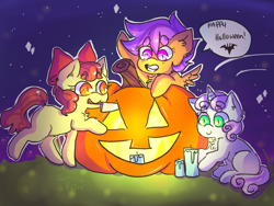 Size: 1024x768 | Tagged: safe, artist:jackytheripperart, apple bloom, scootaloo, sweetie belle, earth pony, pegasus, pony, unicorn, candle, cutie mark crusaders, female, filly, halloween, holiday, jack-o-lantern, pumpkin, smiling, speech bubble, trio