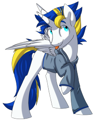 Size: 3312x4206 | Tagged: safe, artist:chub-wub, oc, oc only, alicorn, alicorn oc, clothes, looking up, male, requested art, simple background, solo, stallion, sweater, tongue out, transparent background