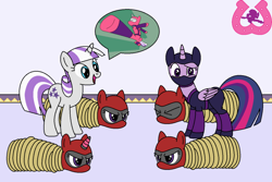 Size: 1024x683 | Tagged: safe, artist:author92, twilight sparkle, twilight sparkle (alicorn), twilight velvet, alicorn, unicorn, series:siege of canterlot, alternate costumes, bondage, brightly colored ninjas, confused, horn ring, kunoichi, magic suppression, masks, ninja, rope, rope bondage, speech bubble