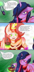 Size: 800x1700 | Tagged: safe, artist:darkageequestia, twilight sparkle, twilight sparkle (alicorn), oc, oc:joyous gift, alicorn, pony, comic:ask motherly scootaloo, comic, eyepatch, flower pot, missing the point, motherly scootaloo, sapling