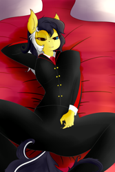 Size: 2000x3000 | Tagged: safe, artist:huckser, oc, oc only, oc:zedwin, anthro, bedroom eyes, clothes, female, heterochromia, looking at you, solo