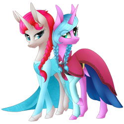 Size: 894x894 | Tagged: safe, artist:monogy, oc, oc only, oc:platinum royale, oc:prudence aura, unicorn, anna, clothes, cosplay, costume, crossover, elsa, female, frozen (movie), offspring, parent:rarity, parents:canon x oc, sisters