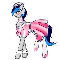 Size: 1000x1000 | Tagged: safe, artist:cappie, artist:coldlypainter, oc, oc only, oc:cappie, pony, collaboration, blushing, clothes, crossdressing, maid, male, satin, shiny, shoes, silk, simple background, sissy, solo, stallion, transparent background, uniform