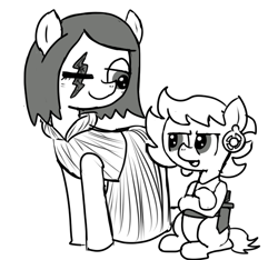 Size: 640x600 | Tagged: safe, artist:ficficponyfic, oc, oc only, oc:ruby rouge, pony, child, clothes, colt quest, cyoa, ear piercing, earring, female, filly, foal, jewelry, knife, mare, missing eye, monochrome, piercing, scar, smiling, story included