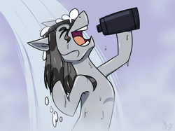 Size: 2732x2048 | Tagged: safe, artist:pixxpal, oc, oc only, oc:leisure days, earth pony, pony, armpits, male, open mouth, shampoo, shower, singing, singing in the shower, solo, stallion, wet, wet mane