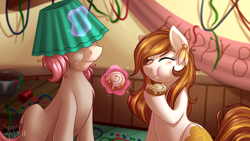 Size: 4000x2250 | Tagged: safe, artist:sugaryviolet, oc, oc only, oc:intrepid charm, oc:raven, earth pony, pony, unicorn, absurd resolution, banner, birthday, birthday party, cinnamon bun, confetti, female, food, lampshade, male, mare, mess, party, stallion