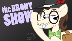 Size: 1920x1080 | Tagged: safe, artist:coaldustthestrange, gizmo, earth pony, pony, acne, bowtie, bucktooth, facial hair, glasses, gray background, hat, male, saddle bag, simple background, solo, stallion, the brony show, trilby