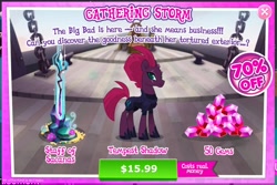 Size: 938x626 | Tagged: safe, fizzlepop berrytwist, tempest shadow, my little pony: the movie, advertisement, broken horn, costs real money, crack is cheaper, gameloft, gathering storm, greed, greedloft, official, pretty pretty tempest, solo, staff, staff of sacanas