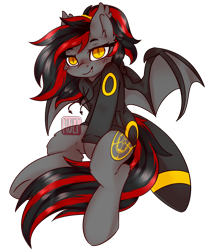 Size: 2558x3000 | Tagged: safe, artist:ruef, oc, oc only, oc:tomoko tanue, bat pony, fallout equestria, clothes, fangs, female, grin, hoodie, mare, pokémon, smiling, sweater, umbreon