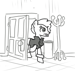 Size: 640x600 | Tagged: safe, artist:ficficponyfic, earth pony, pony, adult, bucktooth, clothes, colt quest, door, floor, male, monochrome, shocked, solo, stallion, story included, thief, wide eyes