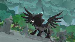 Size: 1920x1080 | Tagged: safe, screencap, pony of shadows, shadow play, cloud, glowing eyes, ponehenge, spread wings, storm, tree, wings