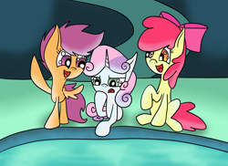 Size: 2200x1600 | Tagged: safe, artist:yourfavoritelove, apple bloom, scootaloo, sweetie belle, cave, cave pool, cutie mark crusaders, mirror pool, this will end in tears and/or death and/or covered in tree sap, xk-class end-of-the-world scenario