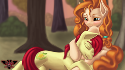 Size: 3840x2160 | Tagged: safe, artist:tsaritsaluna, bright mac, pear butter, earth pony, pony, the perfect pear, applejack's parents, blushing, brightbutter, cuddling, cute, eyes closed, female, male, mare, missing accessory, scene interpretation, scenery, shipping, stallion, straight, tree, you're in my head like a catchy song