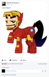 Size: 485x764 | Tagged: safe, screencap, pony, celebrity, facebook, iron man, ponified, robert downey jr